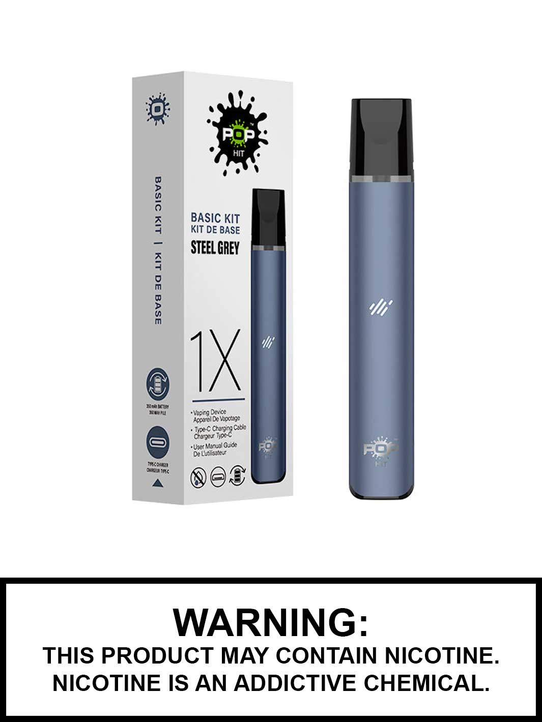Steel Grey Pop Hit 2.0 Basic Kit Pod Vape, Pop Pods