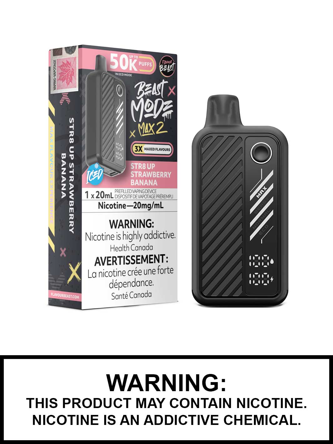 Str8 Up Strawberry Banana Iced Flavour Beast Beast Mode Max 2 Disposable Vape, Flavour Beast Vape, Vape360 Canada