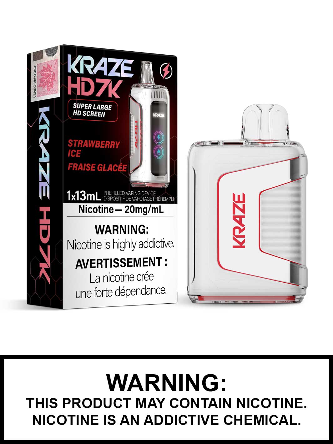 Strawberry Ice Kraze HD7K Disposable Vape, Kraze Vape, 7000 Puffs, Vape360 Canada