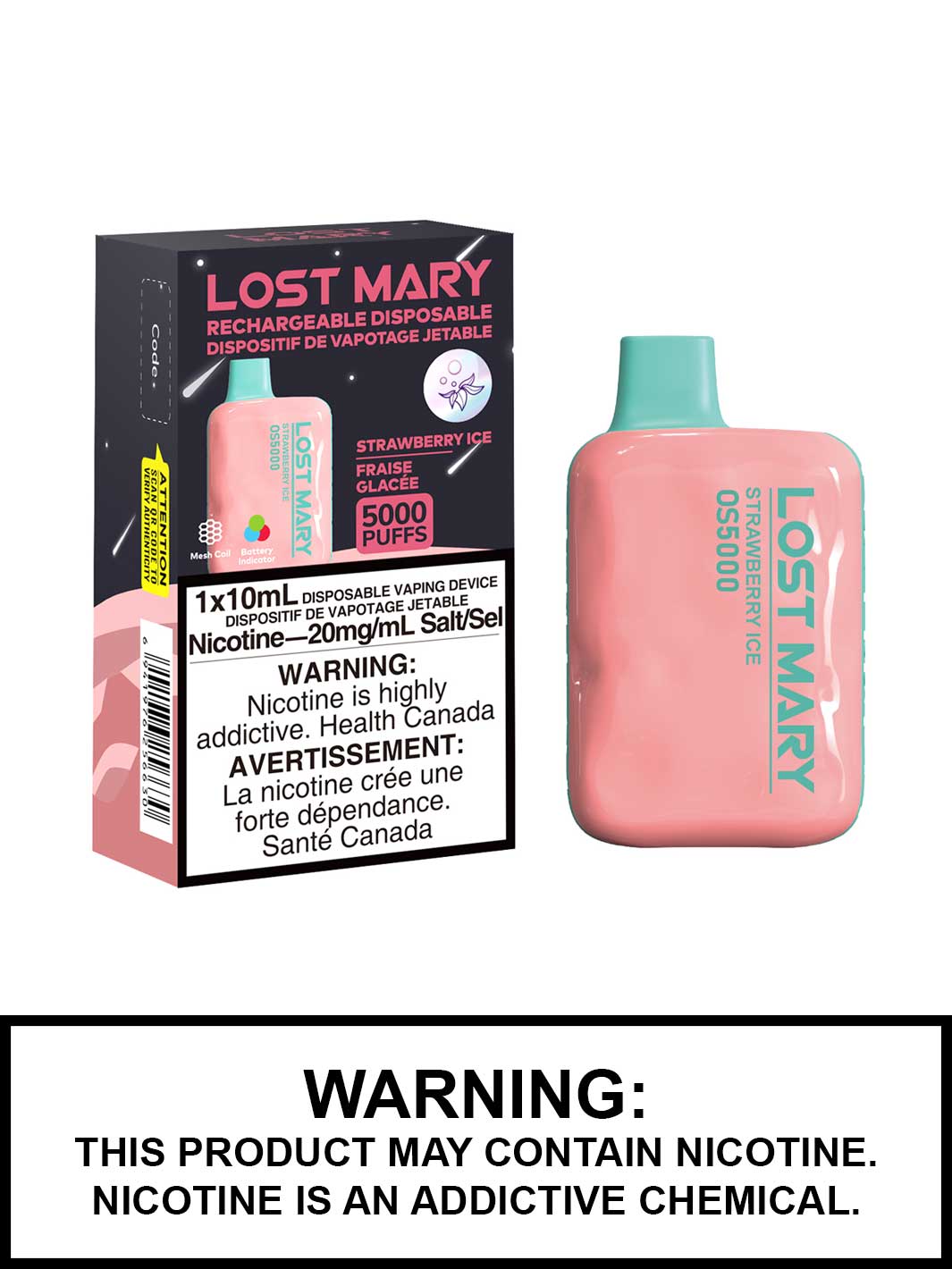 Lost Mary OS5000 Disposable Vape, Lost Mary Vape, Strawberry Ice Vape Juice, Vape360 Canada