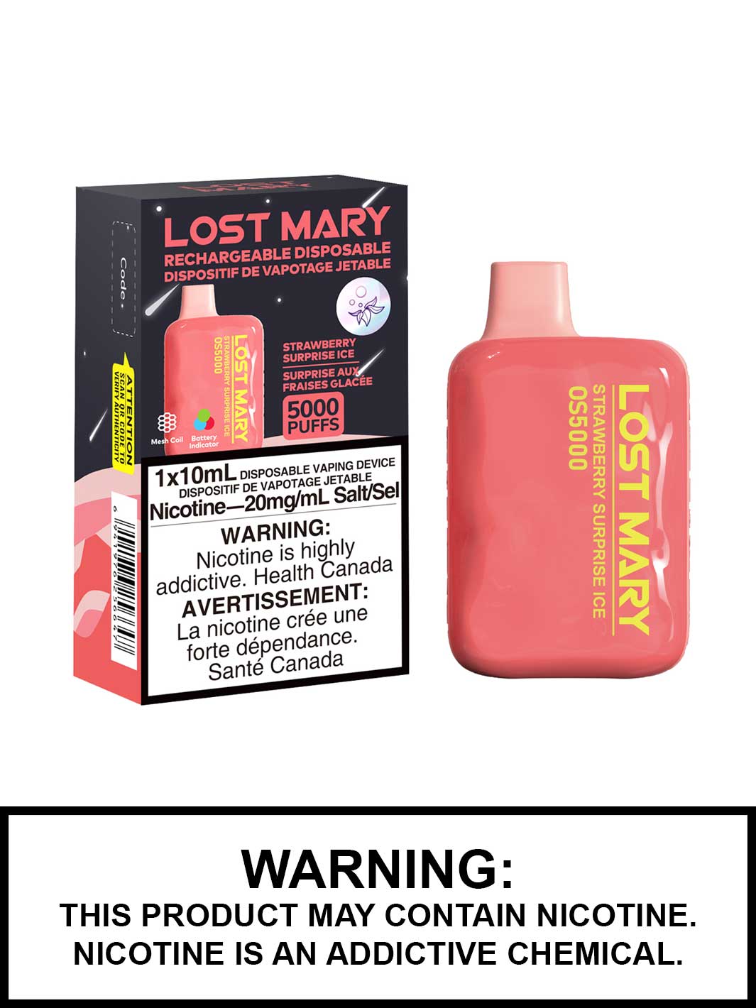 Lost Mary OS5000 Disposable Vape, Lost Mary Vape, Strawberry Surprise Ice Vape Juice, Vape360 Canada