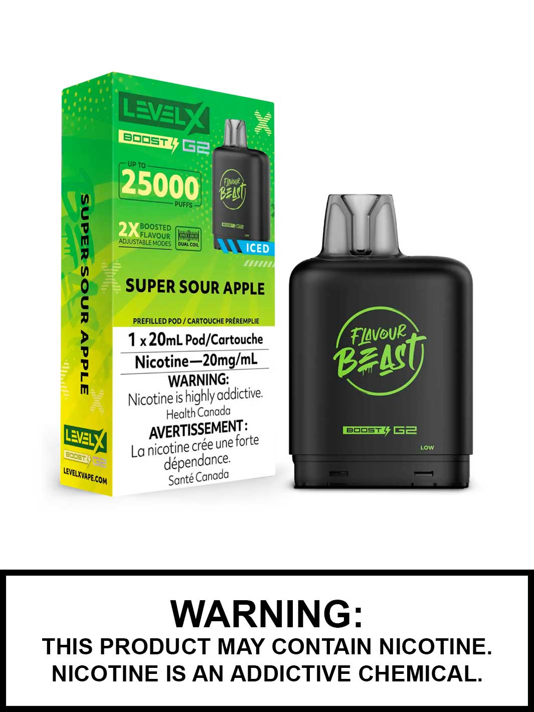 Super Sour Apple Iced Flavour Beast Level X Boost G2 Pods, Level X Vape, Vape360 Canada