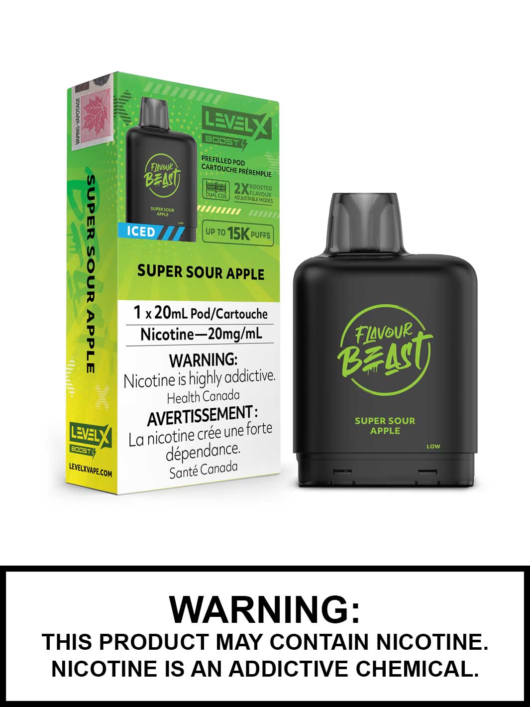 Super Sour Apple Iced Flavour Beast Level X Boost Pods, Level X Vape, Vape360 Canada