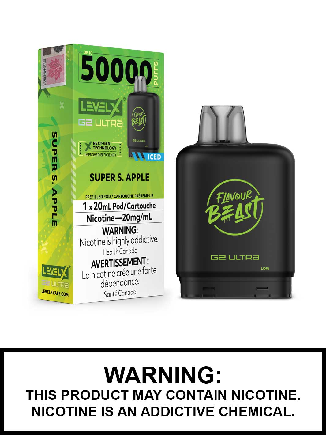 Super Sour Apple Iced Level X G2 Ultra Pods, Level X Vape, Flavour Beast Flavours, Vape360 Canada