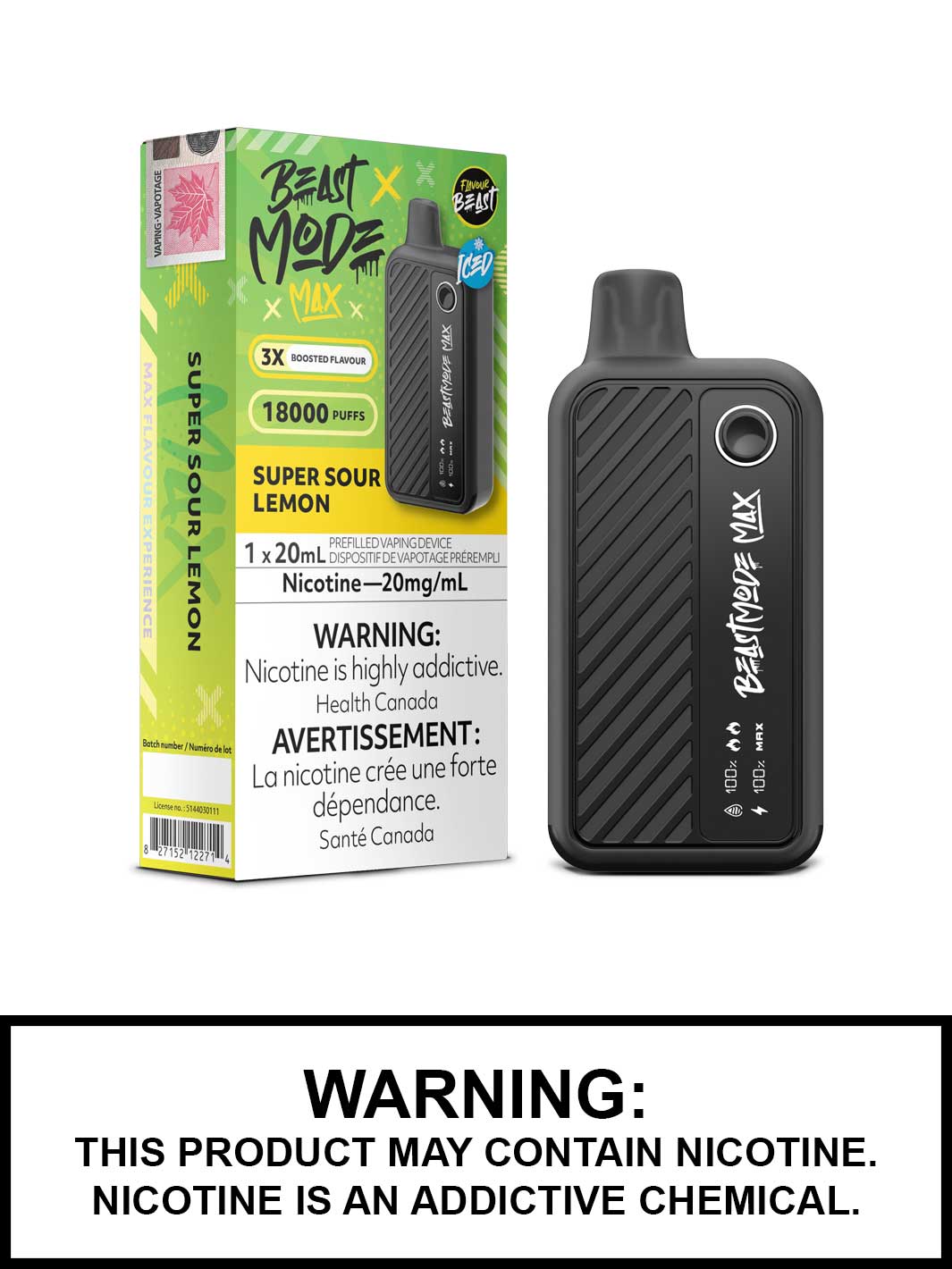 Super Sour Lemon Iced Flavour Beast Beast Mode Max Disposable Vape, Vape360 Canada