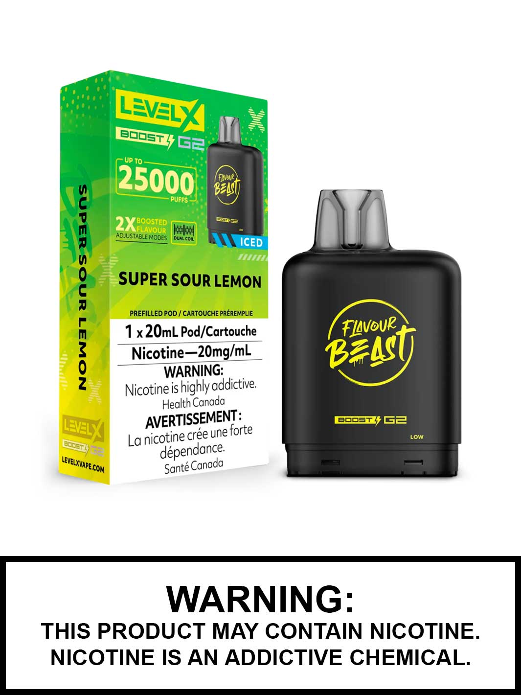 Super Sour Lemon Iced Flavour Beast Level X Boost G2 Pods, Level X Vape, Vape360 Canada