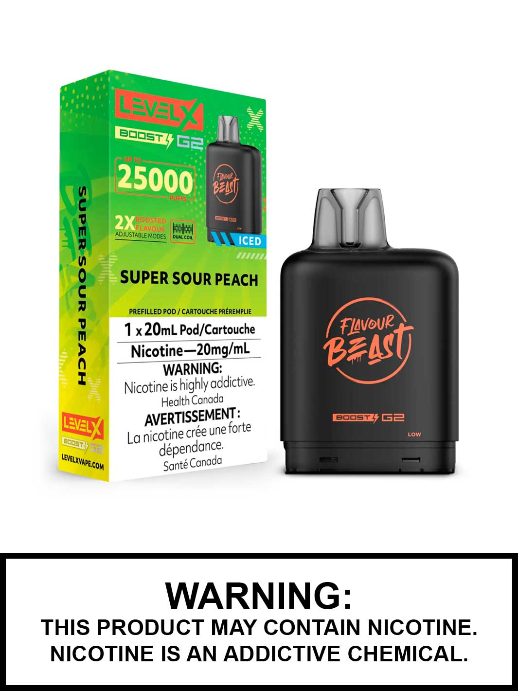 Super Sour Peach Iced Flavour Beast Level X Boost G2 Pods, Level X Vape, Vape360 Canada
