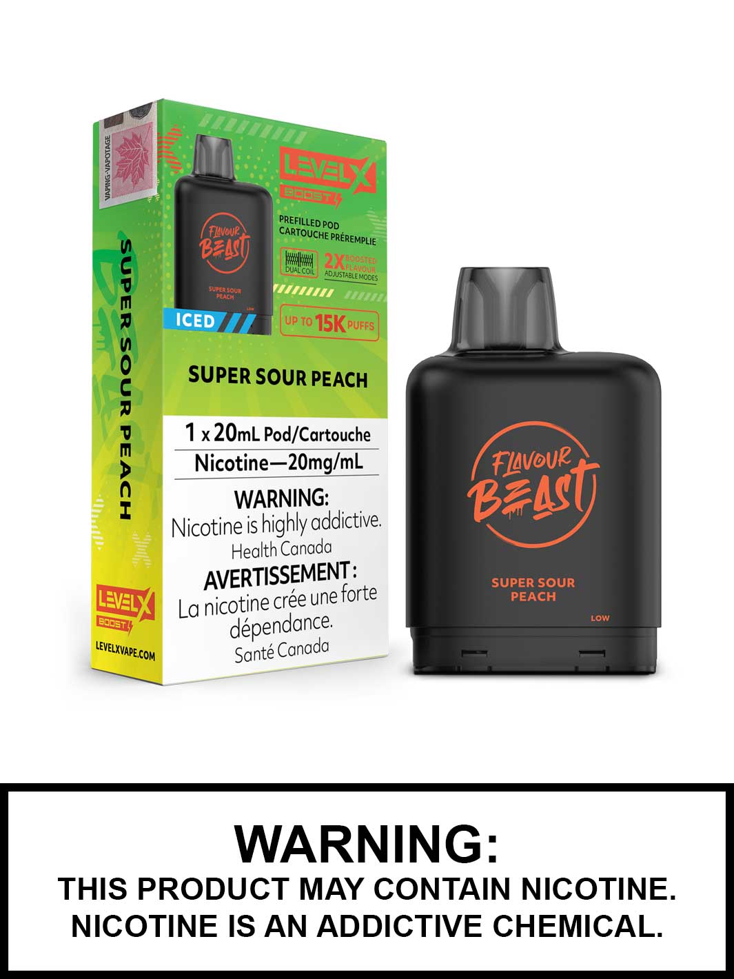 Super Sour Peach Iced Flavour Beast Level X Boost Pods, Level X Vape, Vape360 Canada