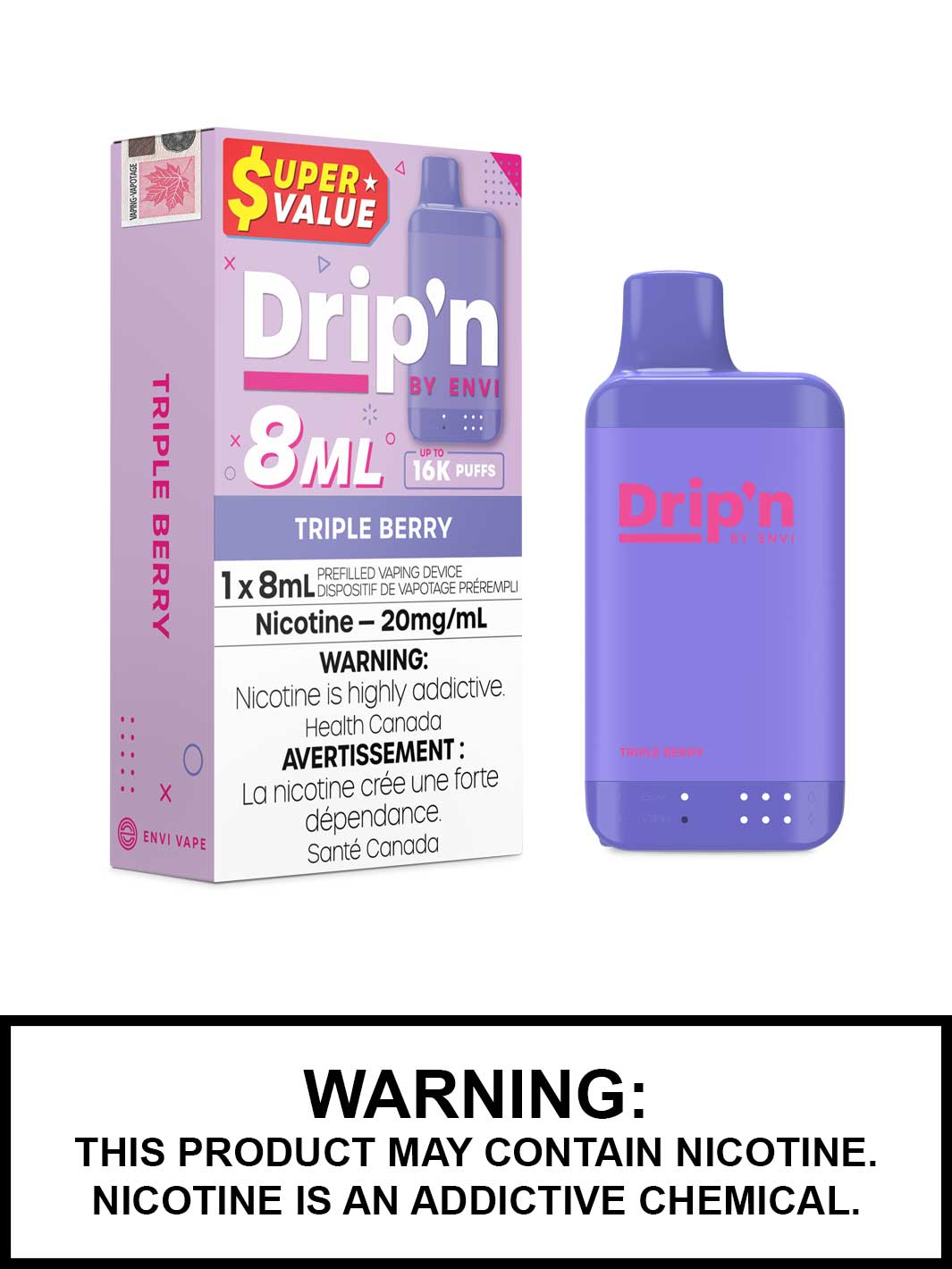 Triple Berry Drip'n 8mL Disposable Vape, Drip'n by Envi, Dripn Vape, Vape360 Canada