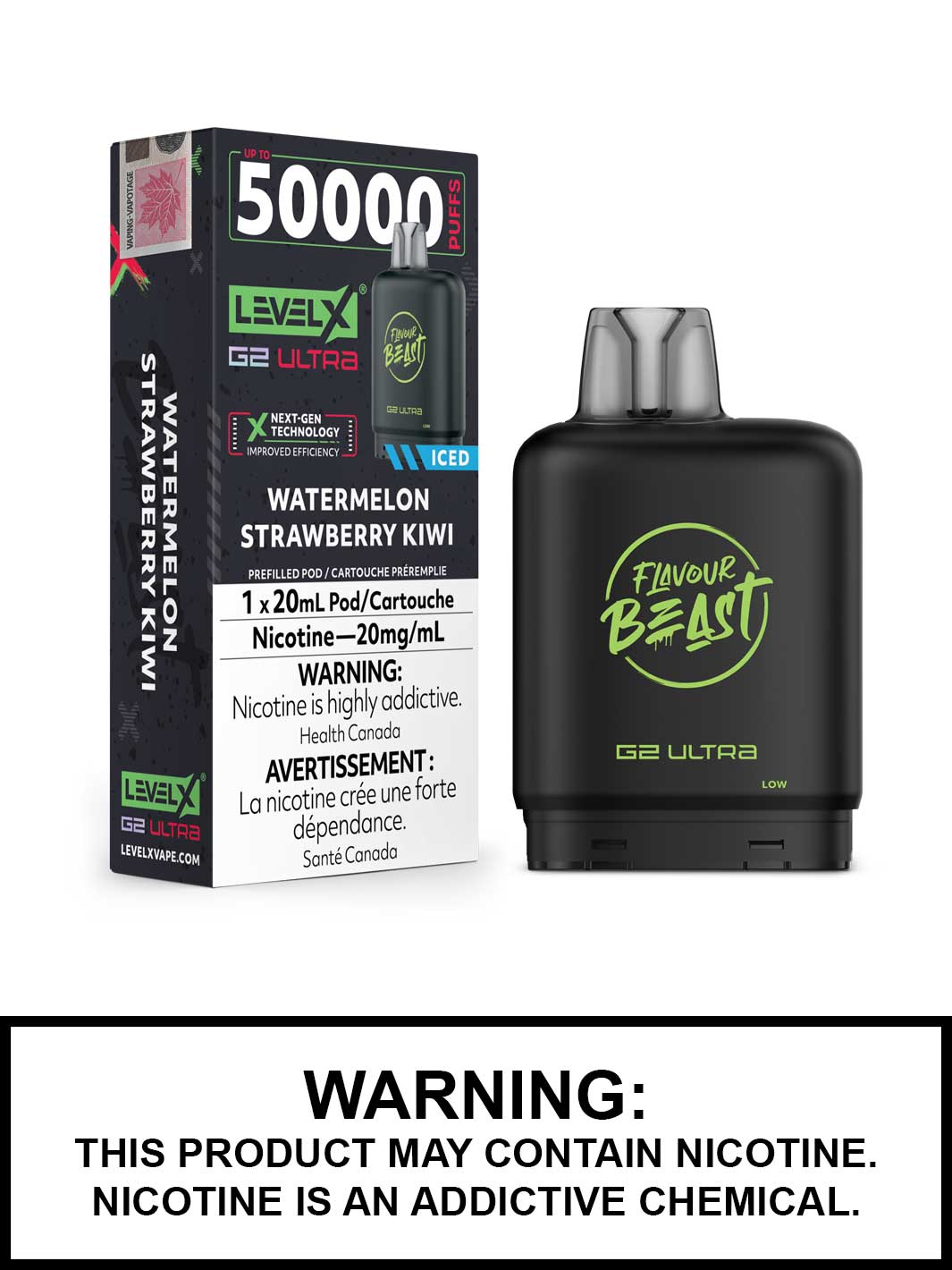 Watermelon Strawberry Kiwi Iced Level X G2 Ultra Pods, Level X Vape, Flavour Beast Flavours, Vape360 Canada
