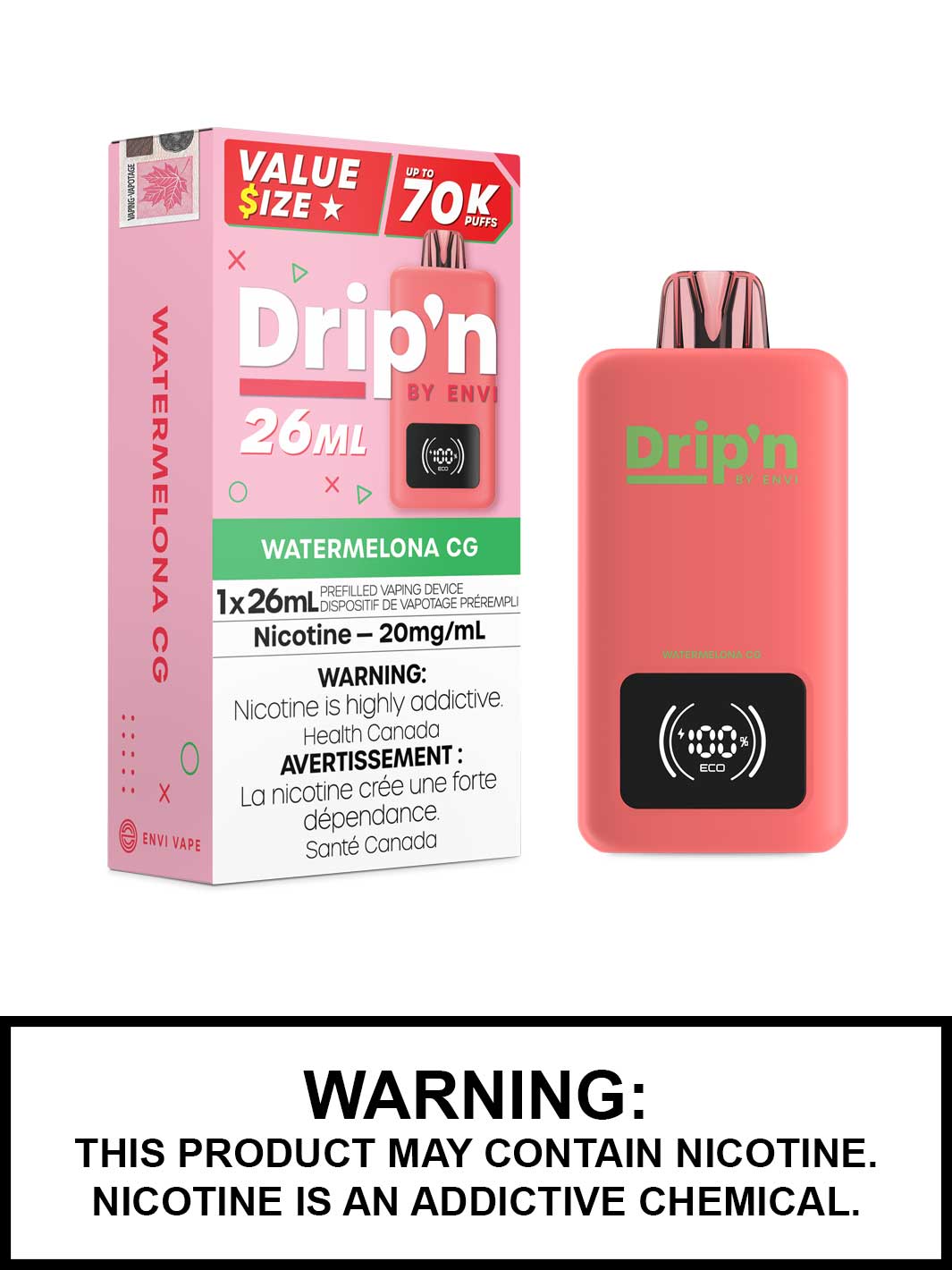 Watermelona CG Drip'n 26mL Disposable vape, Drip'n by Envi, Dripn Vape Canada, Vape360