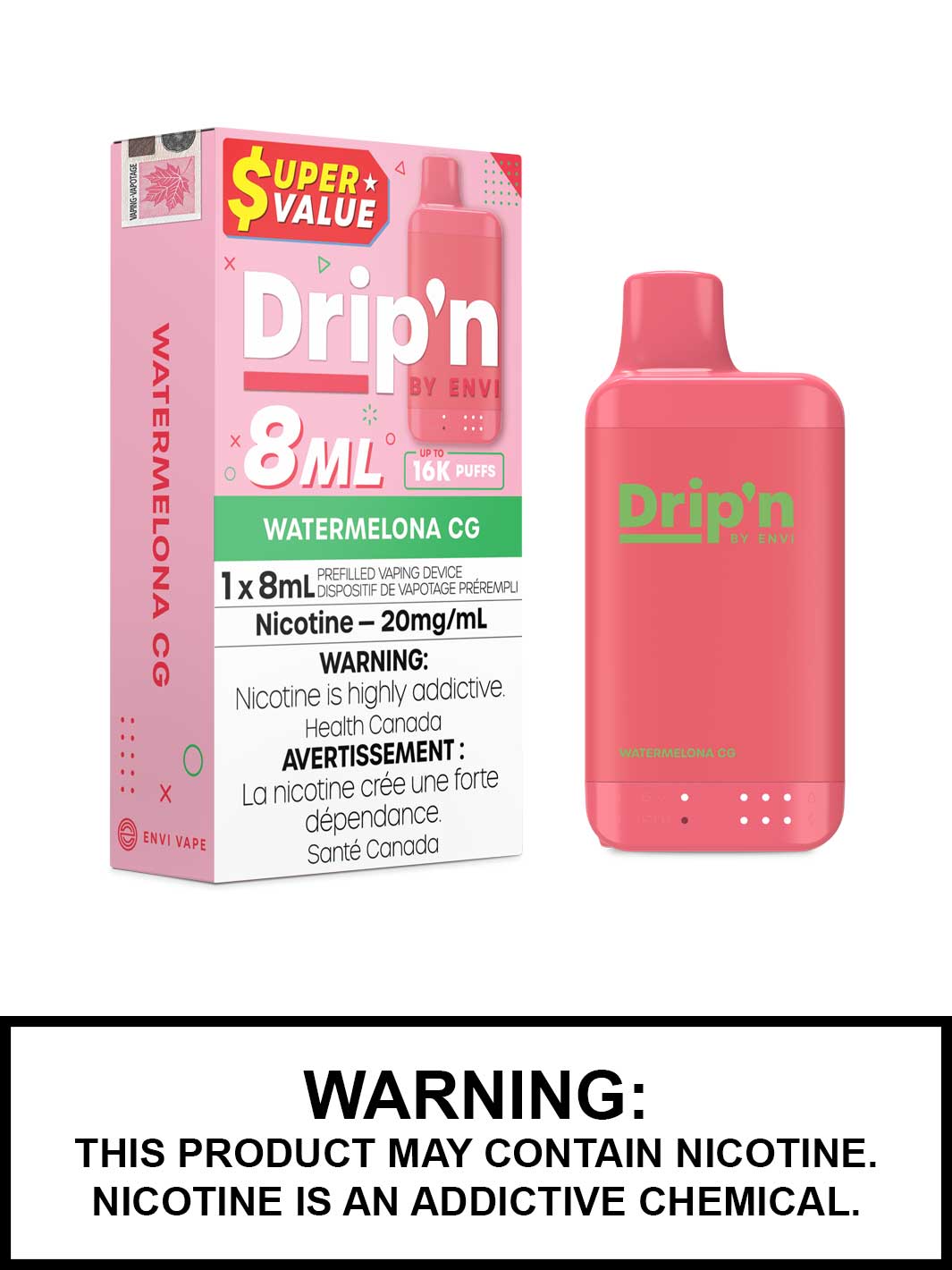 Watermelona CG Drip'n 8mL Disposable Vape, Drip'n by Envi, Dripn Vape, Vape360 Canada