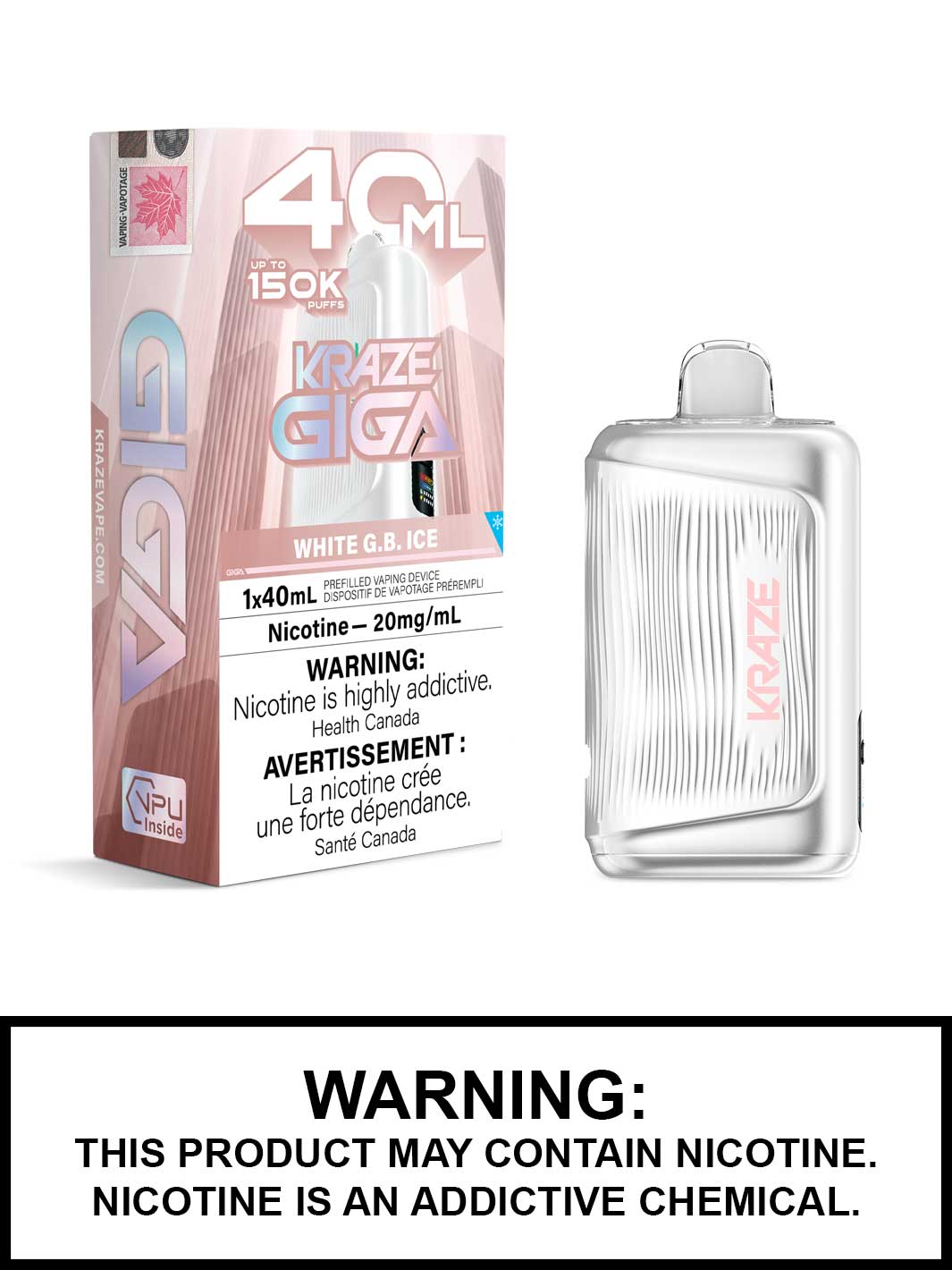 White GB Ice Kraze Giga 150K Disposable Vape, Kraze Vape