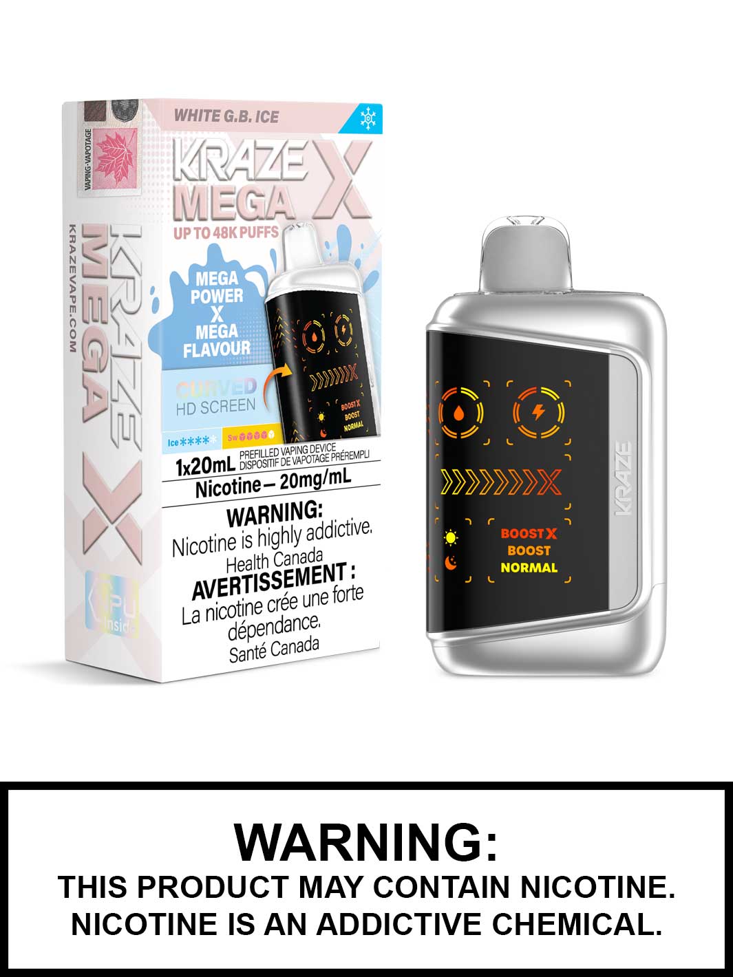 White GB Ice Kraze Mega X 48K Disposable Vapes, Kraze 48K