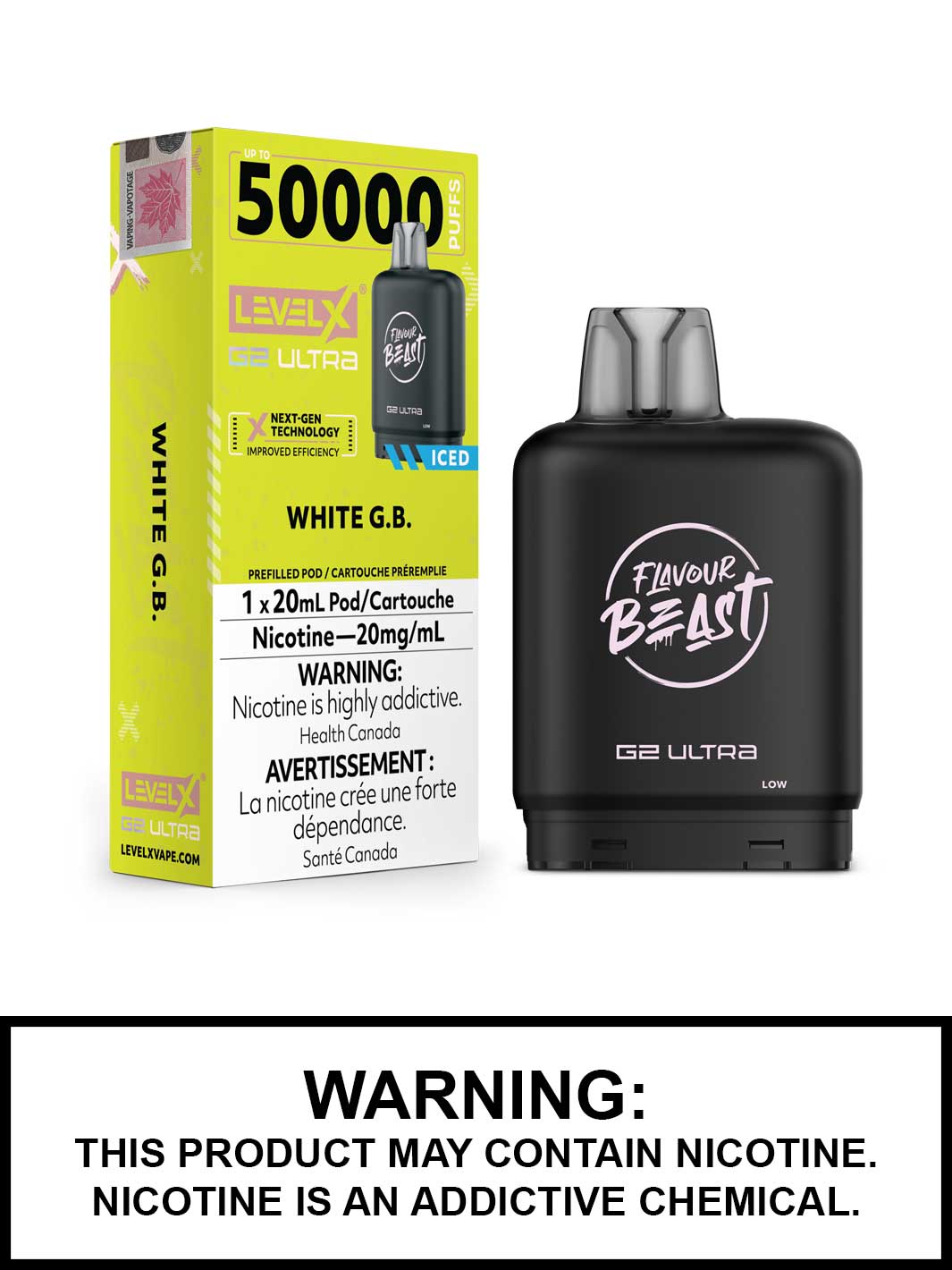 White GB Iced Level X G2 Ultra Pods, Level X Vape, Flavour Beast Flavours, Vape360 Canada